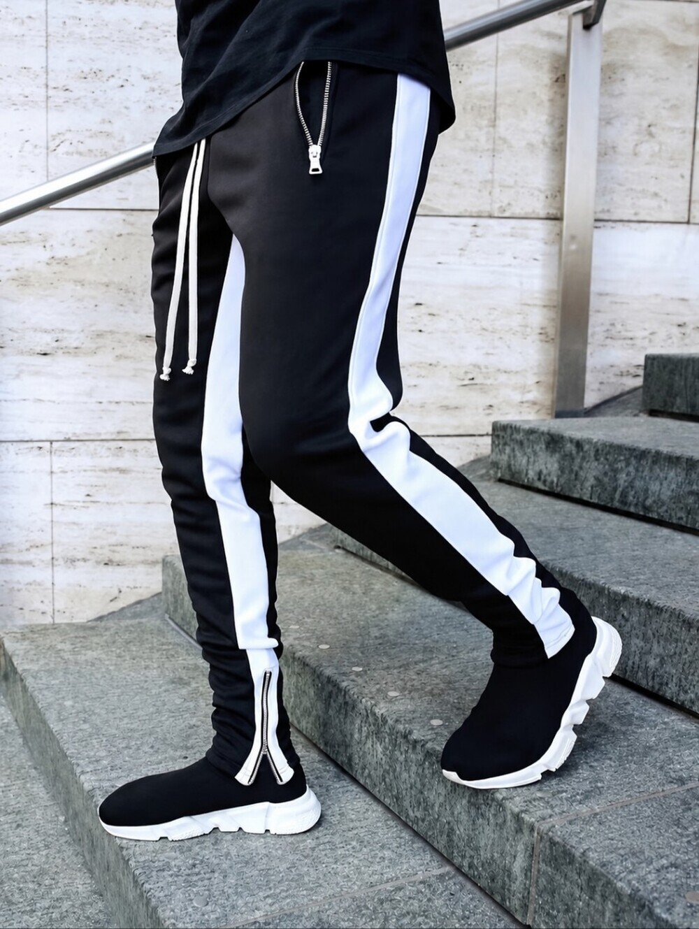 Men’s Black White Track Pants Zip Pockets Ankle Zips Athletic Joggers